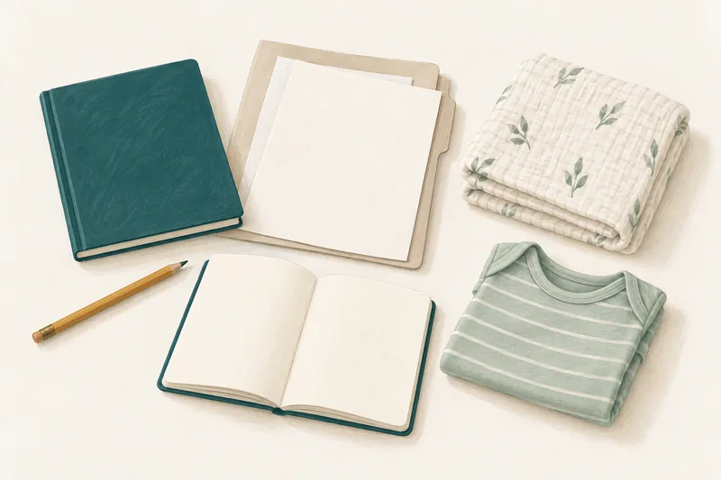 Illustration d’un carnet, de documents et de petites affaires de bébé réunis pour préparer une consultation.
